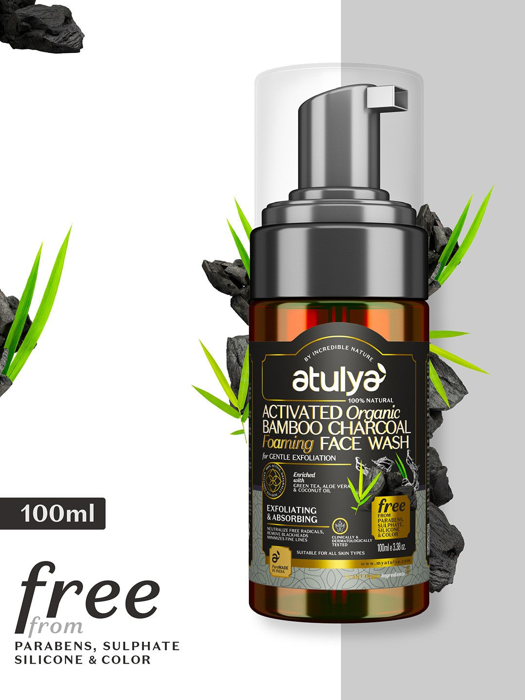 Atulya Activated Organic Bamboo Charcoal foaming Face Wash  for Gentle Exfoliation 100ML Atulya