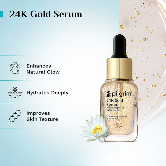 Pilgrim 24K Gold Face Serum With Niacinamide & Hyaluronic Acid, Dewy Primer Skin Care For Unisex, 20ml Pilgrim
