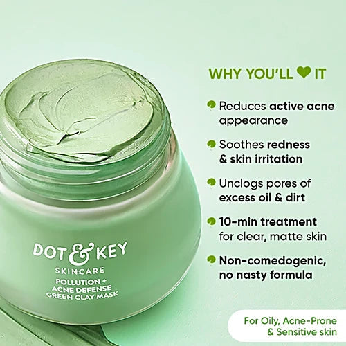 Dot & Key Pollution + Acne Defense Green Clay Mask - For Clear, Bright Complexion, 85 g Dot & Key