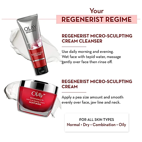 Olay Regenerist Microsculpting Day Moisturiser Non SPF With Cleanser - Boosts Skin's Natural Collagen, 2 pcs (Cleanser, 100g + Moisturiser, 50g) Olay