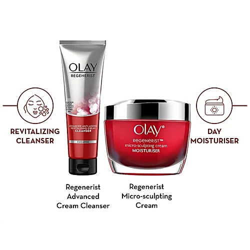 Olay Regenerist Microsculpting Day Moisturiser Non SPF With Cleanser - Boosts Skin's Natural Collagen, 2 pcs (Cleanser, 100g + Moisturiser, 50g) Olay