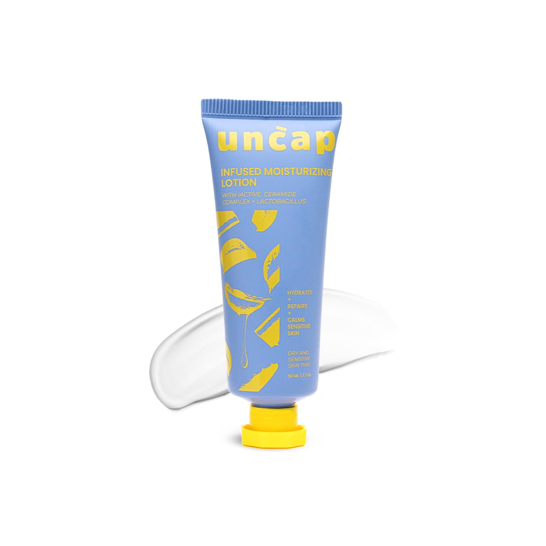 Uncap Infused Moisturizing Lotion with iActive Ceramide Complex & Lactobacillus | Hydrates, Repairs & Calms Sensitive Skin | Lightweight Daily Moisturiser – 50 ml Uncap