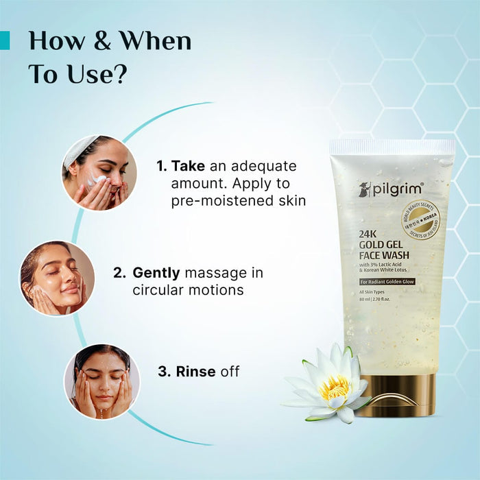 Pilgrim 24k Gold Gel Facewash with Korean White Lotus & Lactic Acid | 80ml Pilgrim
