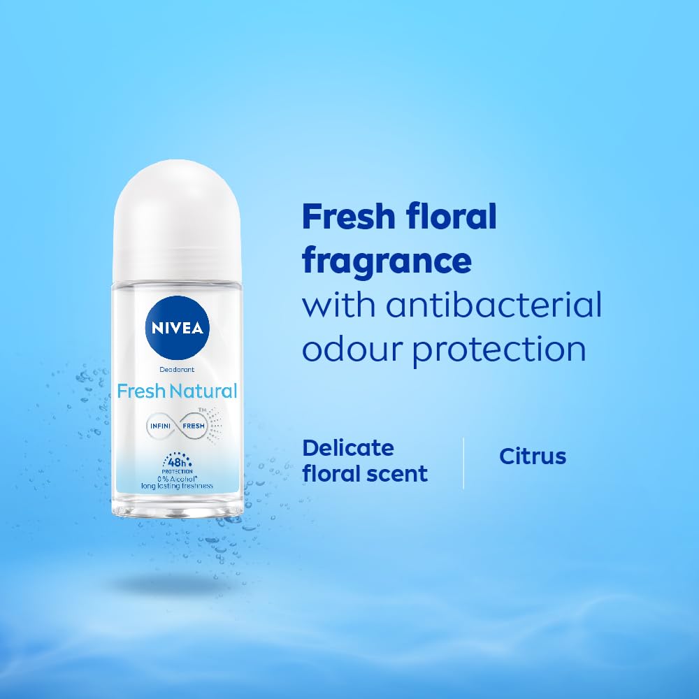 NIVEA Fresh Natural Roll On, 50ml| 48 H Smooth & Beautiful Underarms| 0% Alcohol | For Women NIVEA