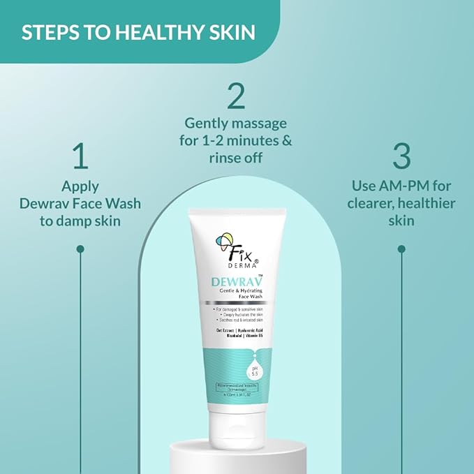 Fixderma Dewrav Gentle & Hydrating Face Wash with 6% Oats Extract, Hyaluronic Acid, Vitamin B5, Bisabolol | Soothes Irritated Skin | Provides Hydration | Face Cleanser For Sensitive, Dry to Normal Skin, 100Ml FIX DERMA