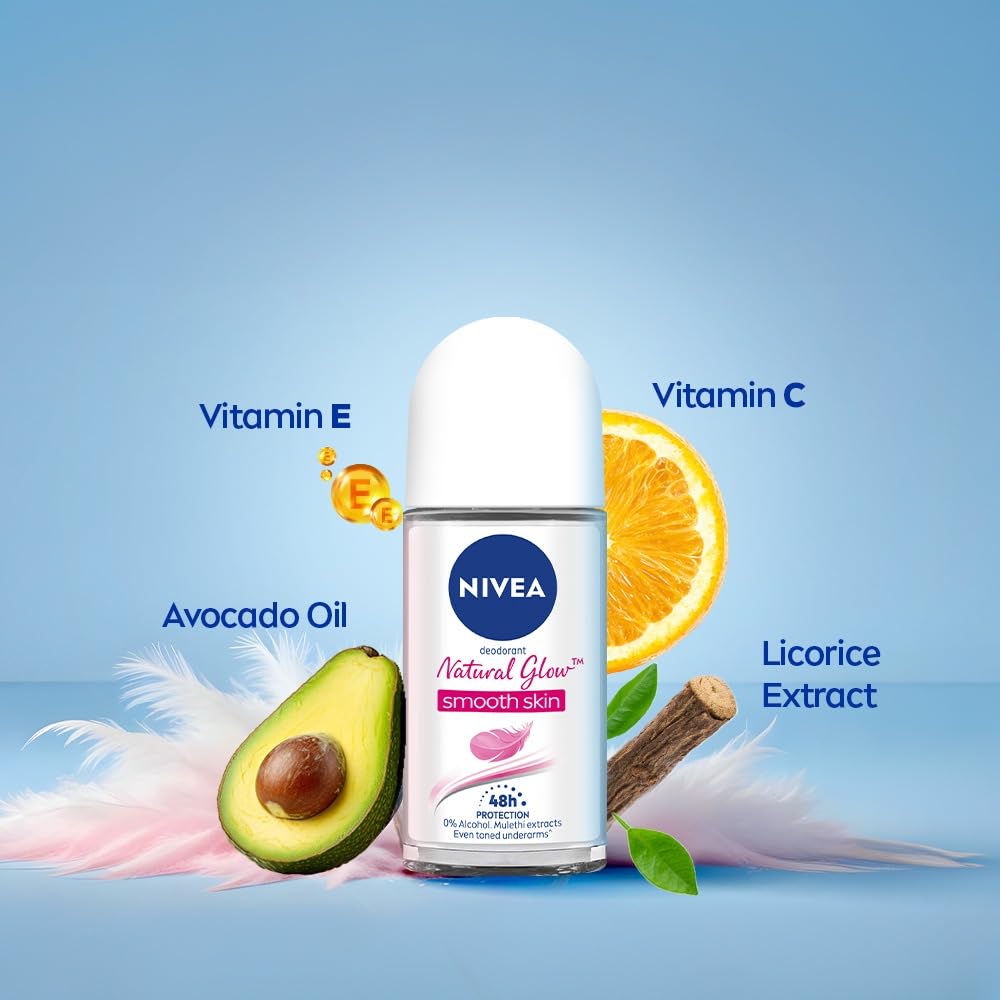 NIVEA Natural Glow Smooth Skin Deodorant Roll On for Women with Vitamin C, Vitamin E, Avocado oil and Licorice Extract | 72 H Even Toned, Smooth & Beautiful Underarms | 0% Alcohol |50 ml NIVEA