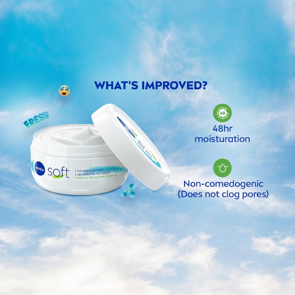 NIVEA Soft Light Moisturizer For Face, Hand & Body, Instant Hydration, Non-Greasy Cream With Vitamin E & Jojoba Oil, 100ml NIVEA