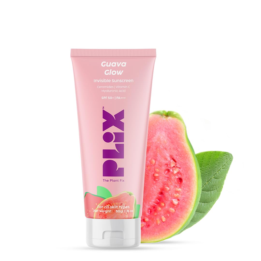 PLIX - THE PLANT FIX Spf 50+ Guava Glow Invisible Sunscreen For All Skin Type With Pa +++|For Uv A,Uv B&Blue Light Protection With Ceramides,Vitamin C&Hyaluronic Acid|No White Cast,Cruelty-Free|50 G PLIX