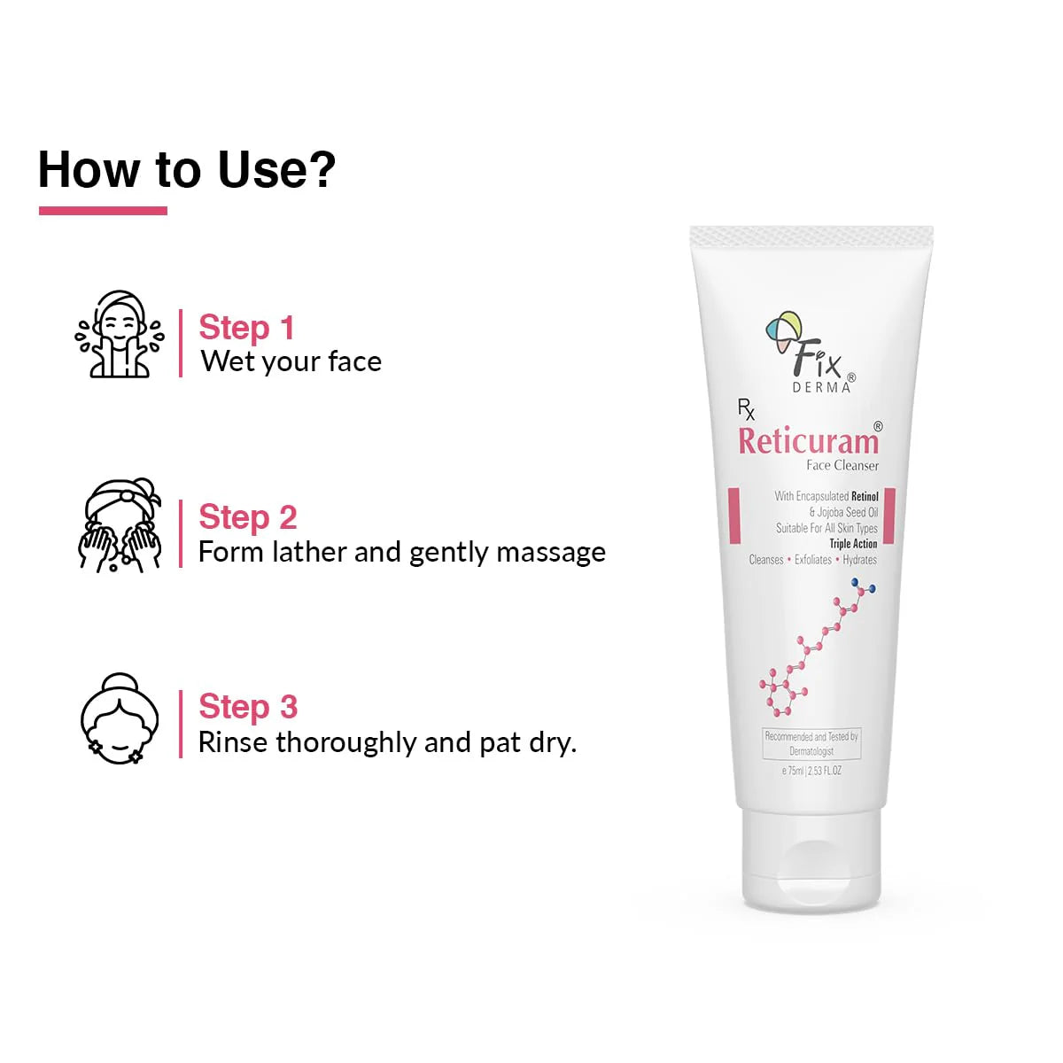 Fixderma 0.05% Retinol Reticuram Face Cleanser for All Skin Types, Anti Ageing, Retinol Face Cleanser, Regulates Sebum Production, Deep Pore Cleansing, Soap Free face wash with jojoba oil - 75ml FIX DERMA