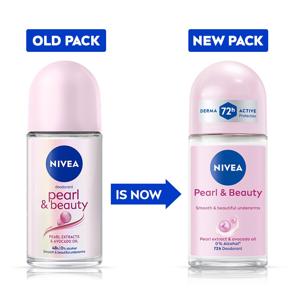 NIVEA Pearl and Beauty 50ml Deo Roll On | With Pearl Extracts & Avocado Oil| 72 H Smooth & Beautiful Underarms | 0% Alcohol | For Women NIVEA