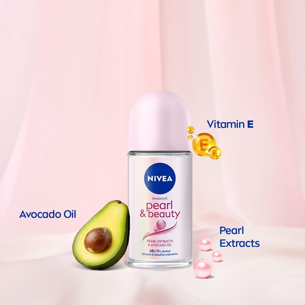 NIVEA Pearl and Beauty 50ml Deo Roll On | With Pearl Extracts & Avocado Oil| 72 H Smooth & Beautiful Underarms | 0% Alcohol | For Women NIVEA