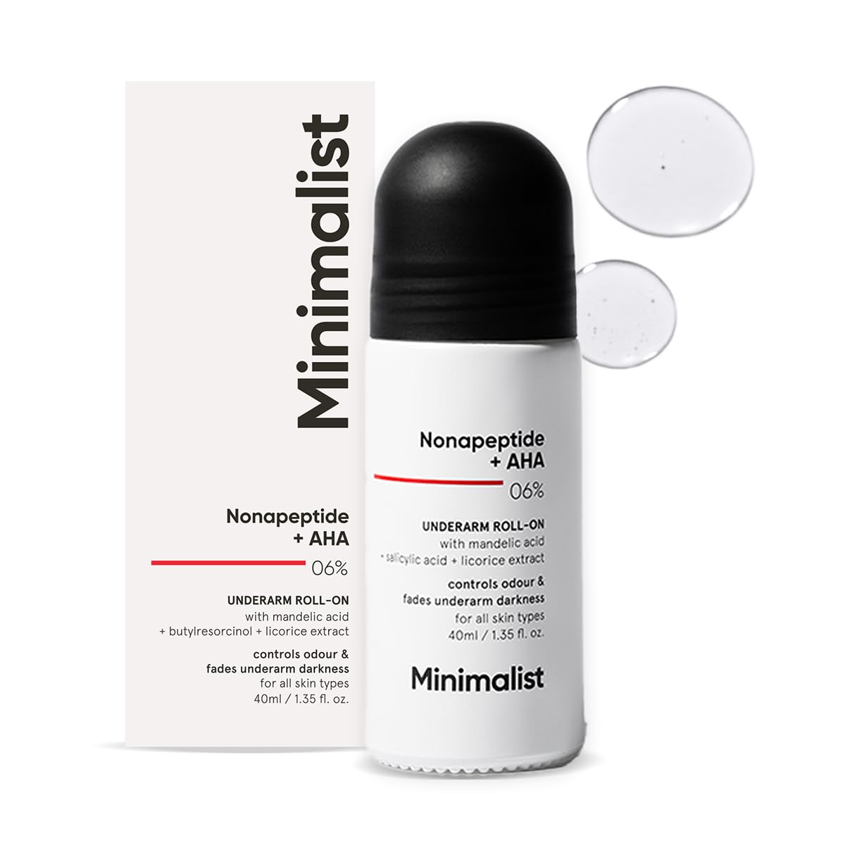 Minimalist Underarm Roll On Deodorant with Nonapeptide + AHA BHA 06% | Controls Odour & Fades Darkness | Fragrance & Aluminium Free | Exfoliating Deo For Women & Men | 40ml Minimalist