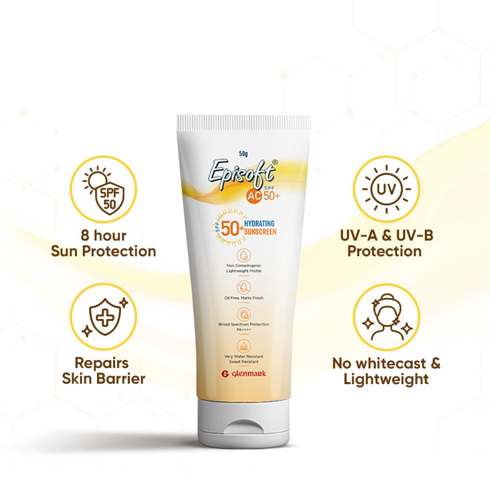 Episoft AC SPF 50 + sunscreen | Maximum Hydration | Protection against both UV-A/UV-B, Water and Sweat Resistance | Lightweight | With anti-aging benefits | For all Skin Types | No white cast | 50 G Episoft