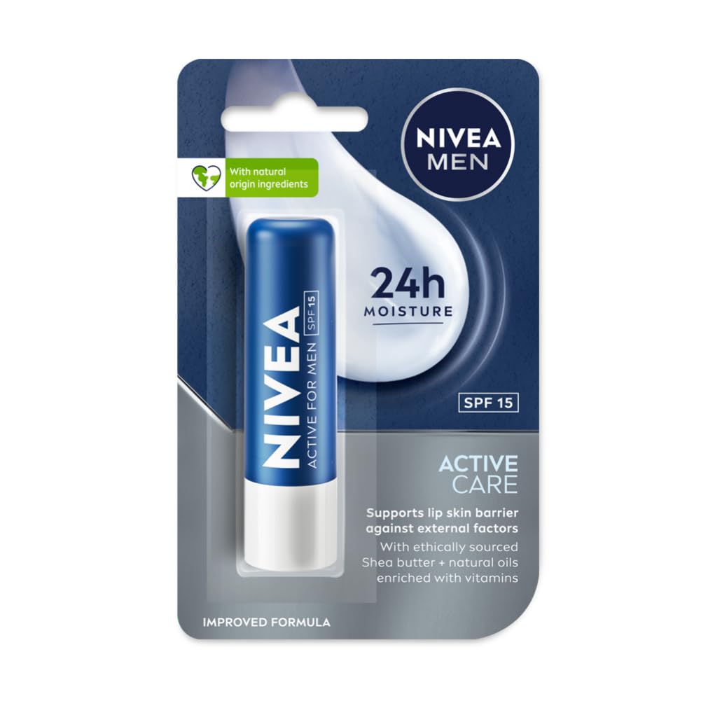 NIVEA MEN Active Care 4.8g Lip Balm|24 H Melt in Moisture Formula|Natural Oils|Nourished Lips,4.8 g NIVEA