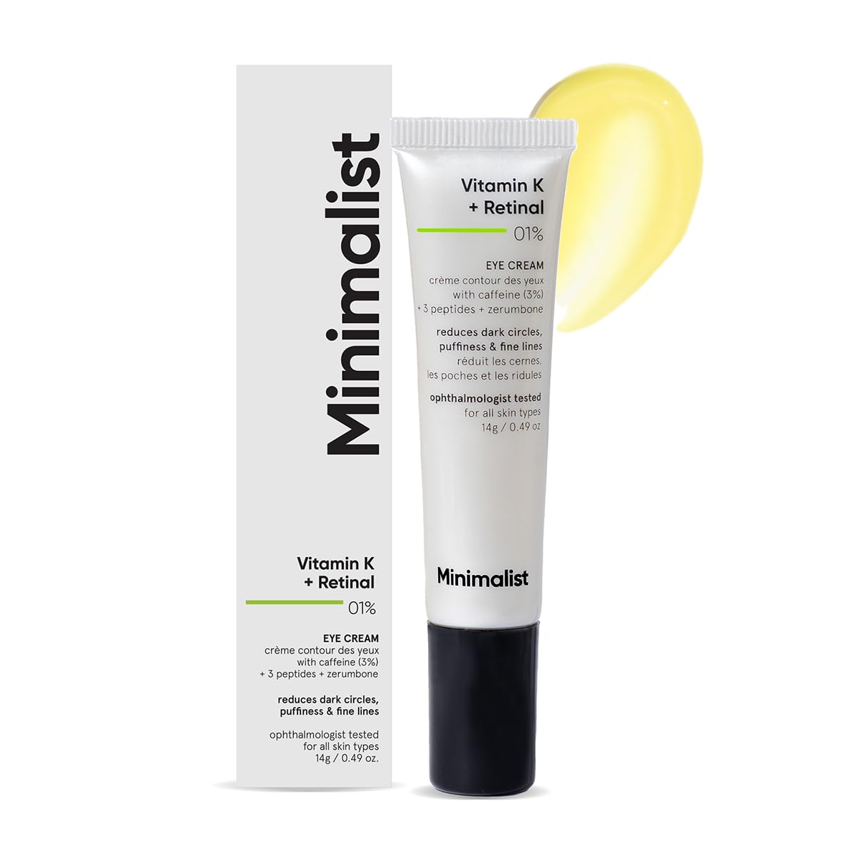Minimalist Vitamin K + Retinal 01% Under Eye Cream | Reduces Dark Circles, Wrinkles & Fine Lines | With Caffeine for Puffiness | For Women & Men | 14 gm Minimalist