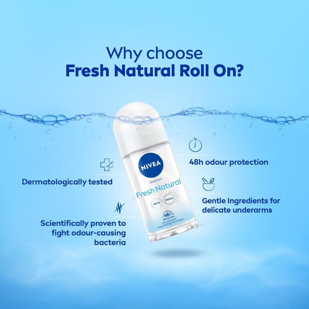 NIVEA Fresh Natural Roll On, 50ml| 48 H Smooth & Beautiful Underarms| 0% Alcohol | For Women NIVEA
