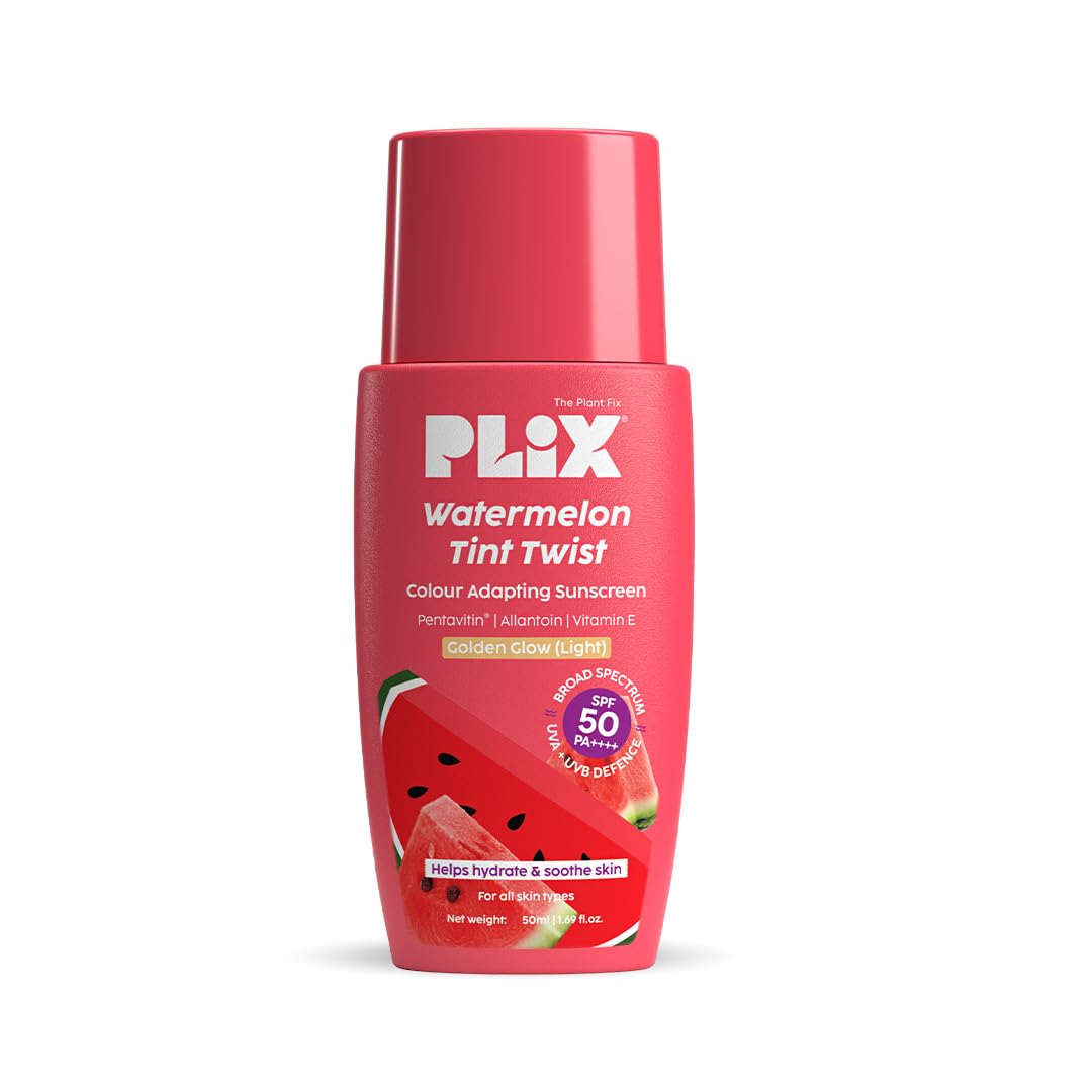 PLIX - THE PLANT FIX Watermelon Tint Twist Color-Adapting Sunscreen | For light coverage & instant glow | SPF 50 PA++++ | Pentavitin®, Suncat DE™ | Sun Damage & Tan Repair | low to medium coverage | Light Golden Glow Beauty Bumble