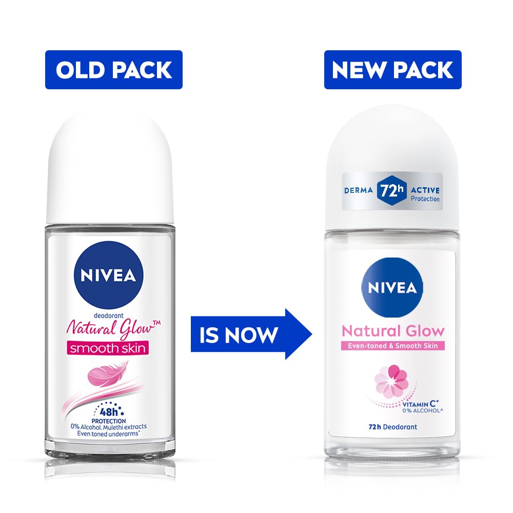 NIVEA Natural Glow Smooth Skin Deodorant Roll On for Women with Vitamin C, Vitamin E, Avocado oil and Licorice Extract | 72 H Even Toned, Smooth & Beautiful Underarms | 0% Alcohol |50 ml NIVEA
