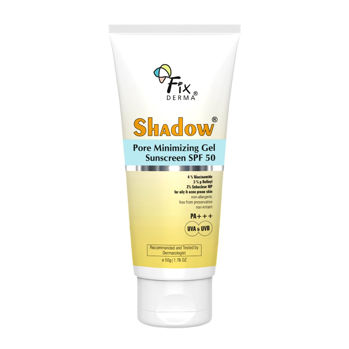 Fixderma Shadow Pore Minimizing Gel Sunscreen SPF 50 PA+++ with 4% Niacinamide, For UVA & UVB Protection | Sunscreen SPF 50 for Oily & Acne Prone Skin | Lightweight, No White Cast, Non-Greasy - 50GM FIX DERMA