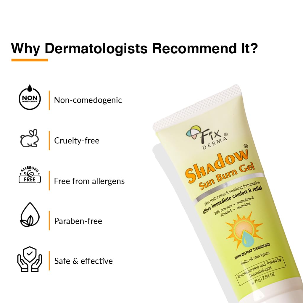 Fixderma Shadow Sun Burn Gel with 20% Aloe Vera Gel & Vitamin E | Ceramide Moisturizer | Dermatologist Tested Moisturizer for Face | Sunburn Cream for Face | Suitable for All Skin FIX DERMA