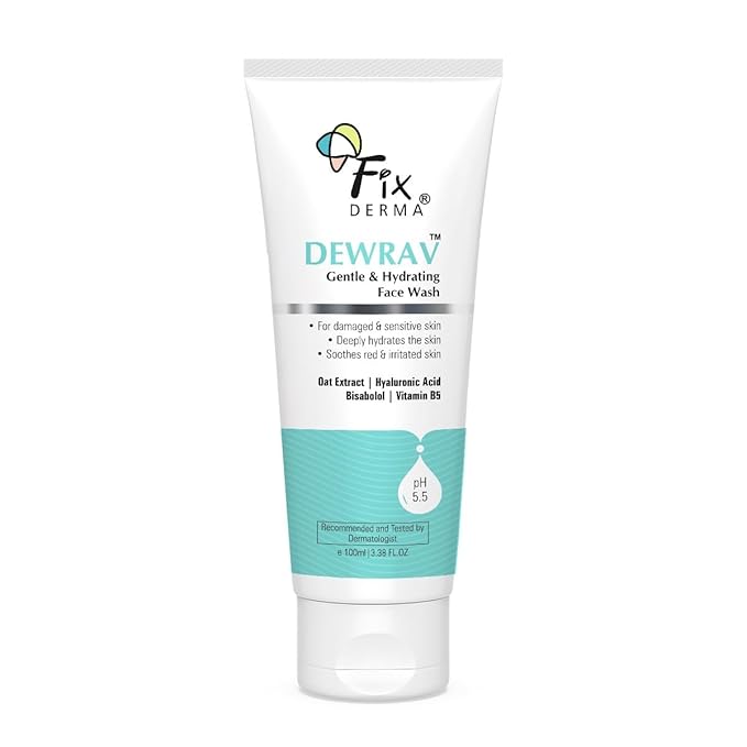 Fixderma Dewrav Gentle & Hydrating Face Wash with 6% Oats Extract, Hyaluronic Acid, Vitamin B5, Bisabolol | Soothes Irritated Skin | Provides Hydration | Face Cleanser For Sensitive, Dry to Normal Skin, 100Ml FIX DERMA