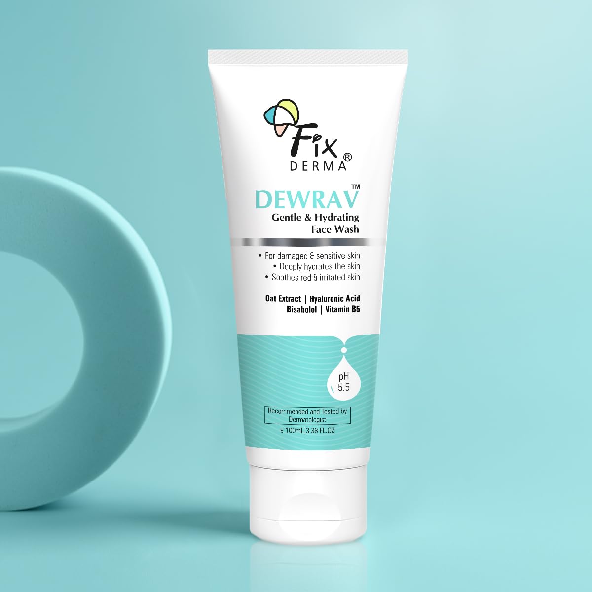 Fixderma Dewrav Gentle & Hydrating Face Wash with 6% Oats Extract, Hyaluronic Acid, Vitamin B5, Bisabolol | Soothes Irritated Skin | Provides Hydration | Face Cleanser For Sensitive, Dry to Normal Skin, 100Ml FIX DERMA
