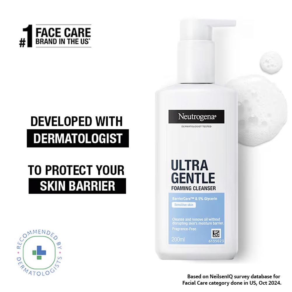 Neutrogena Ultra Gentle Foaming Cleanser | Face Wash for All Skin Types including Sensitive Skin | 6X Gentler Cleansing with Barriercare Technology for Men & Women | Cleanses Dirt and Oil | Hydrates & Protects Skin Barrie Neutrogena