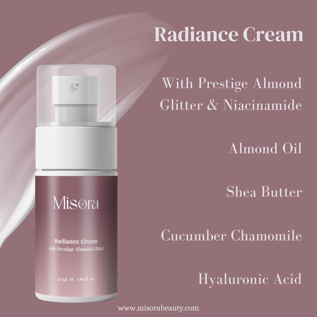 Misora Radiance Cream With Prestige & Almond Glitter | Brightening & Hydrating Face Cream For Men & Women | Glow Boost & Anti-Aging Moisturizer for Dull, Tired Skin | 50ml MISORA