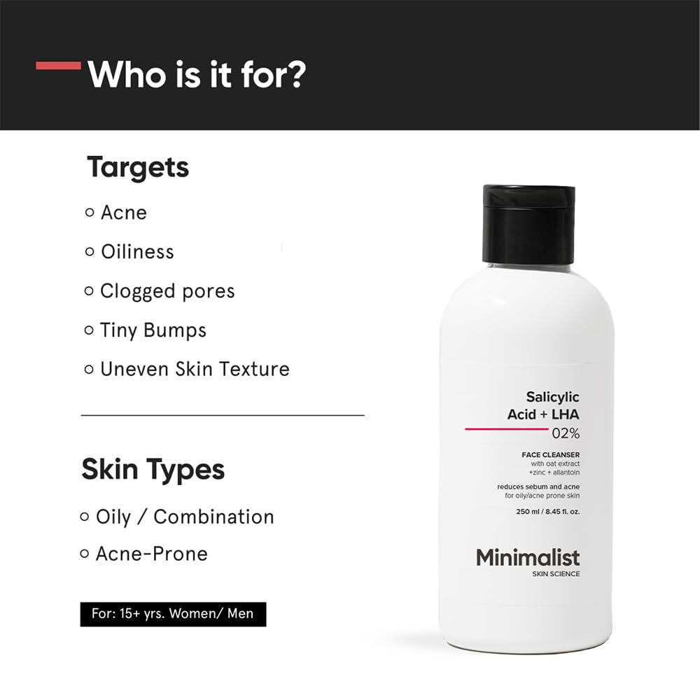 Minimalist Anti-Acne Salicylic Acid 2% Face Wash For Oily & Acne Prone Skin | With LHA for Pore Cleansing, Oil Control & Sebum Regulation | Sulfate-Free Formula with Zinc for Gentle Exfoliation | Cleanser for Women & Men | 250 ml Minimalist