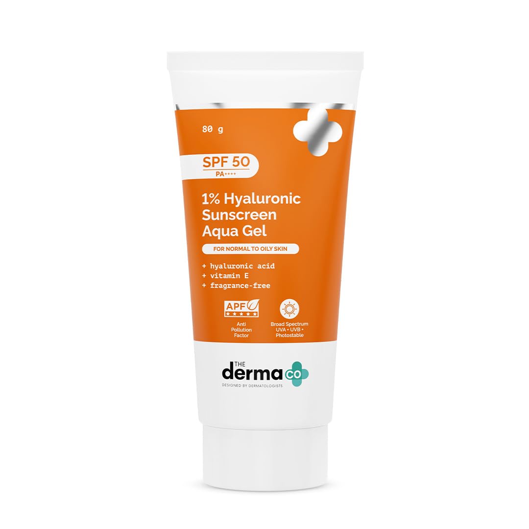 The Derma Co 1% Hyaluronic Sunscreen Aqua Gel SPF 50 PA++++ | Hydrating, Lightweight & Non-Greasy | No White Cast | Broad Spectrum & Blue Light Protection | Clinically Tested - (In-Vivo) | 80 g Beauty Bumble