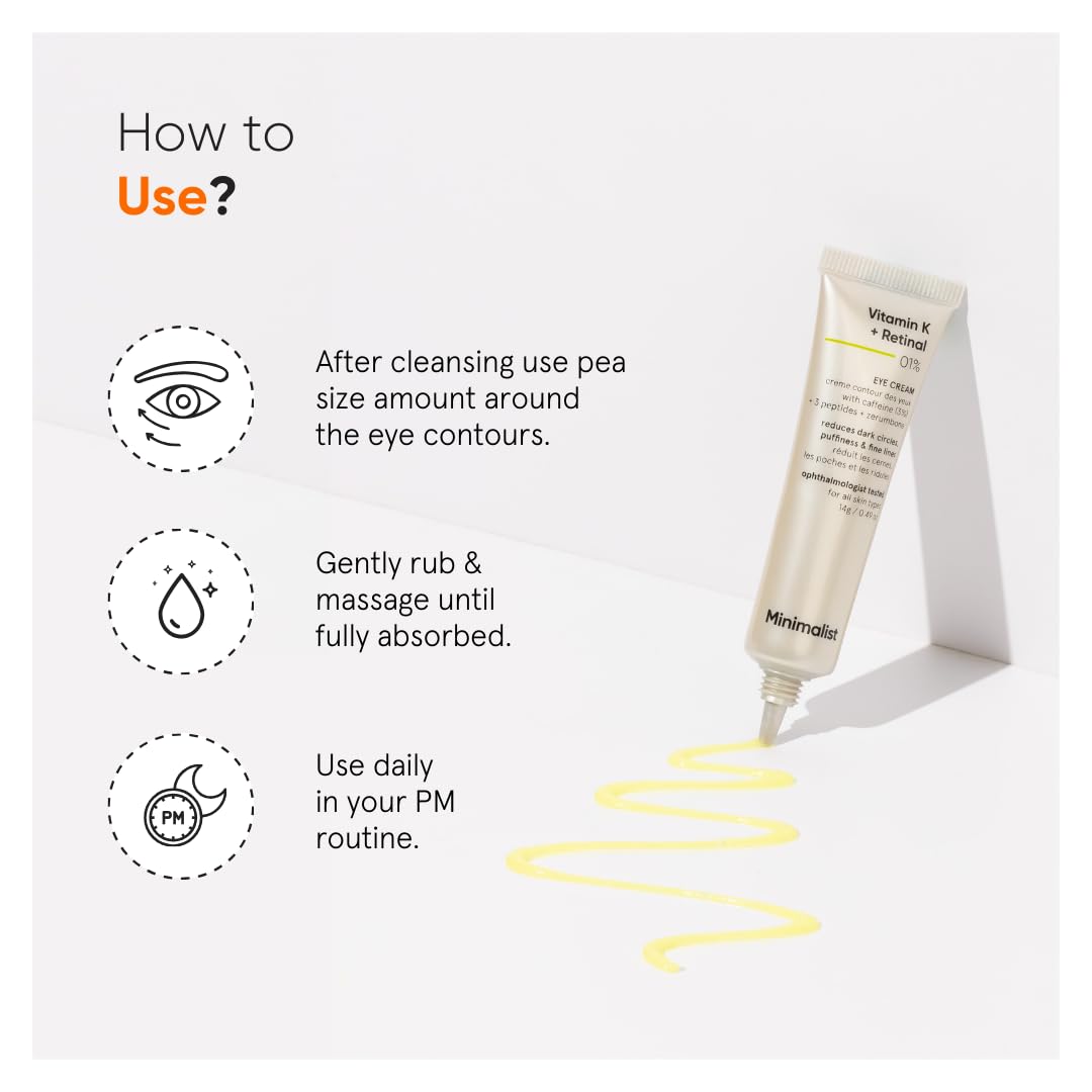 Minimalist Vitamin K + Retinal 01% Under Eye Cream | Reduces Dark Circles, Wrinkles & Fine Lines | With Caffeine for Puffiness | For Women & Men | 14 gm Minimalist