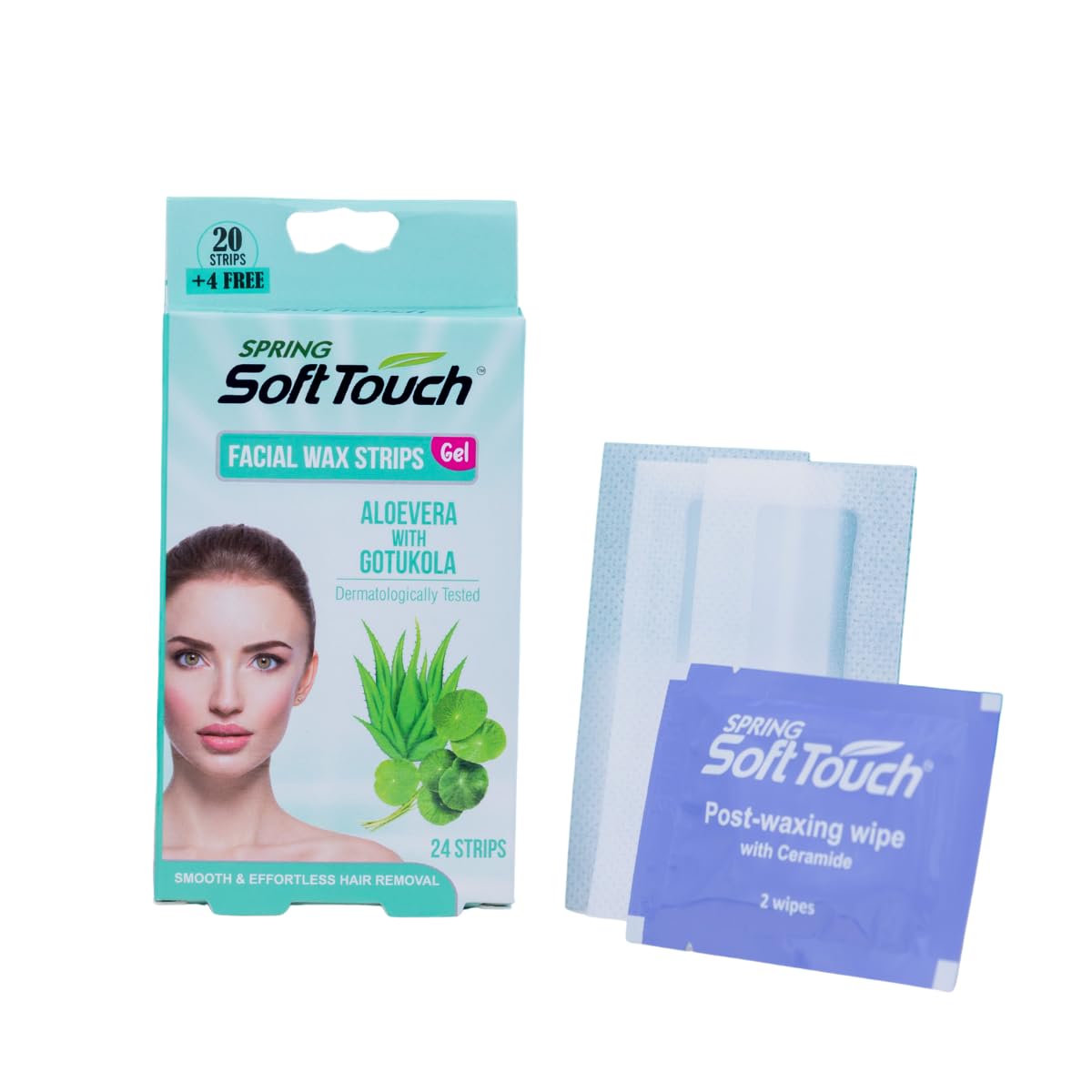 Spring Soft Touch Gel Facial Wax Strips - Aloe Vera and Gotukola - 24 Strips Spring