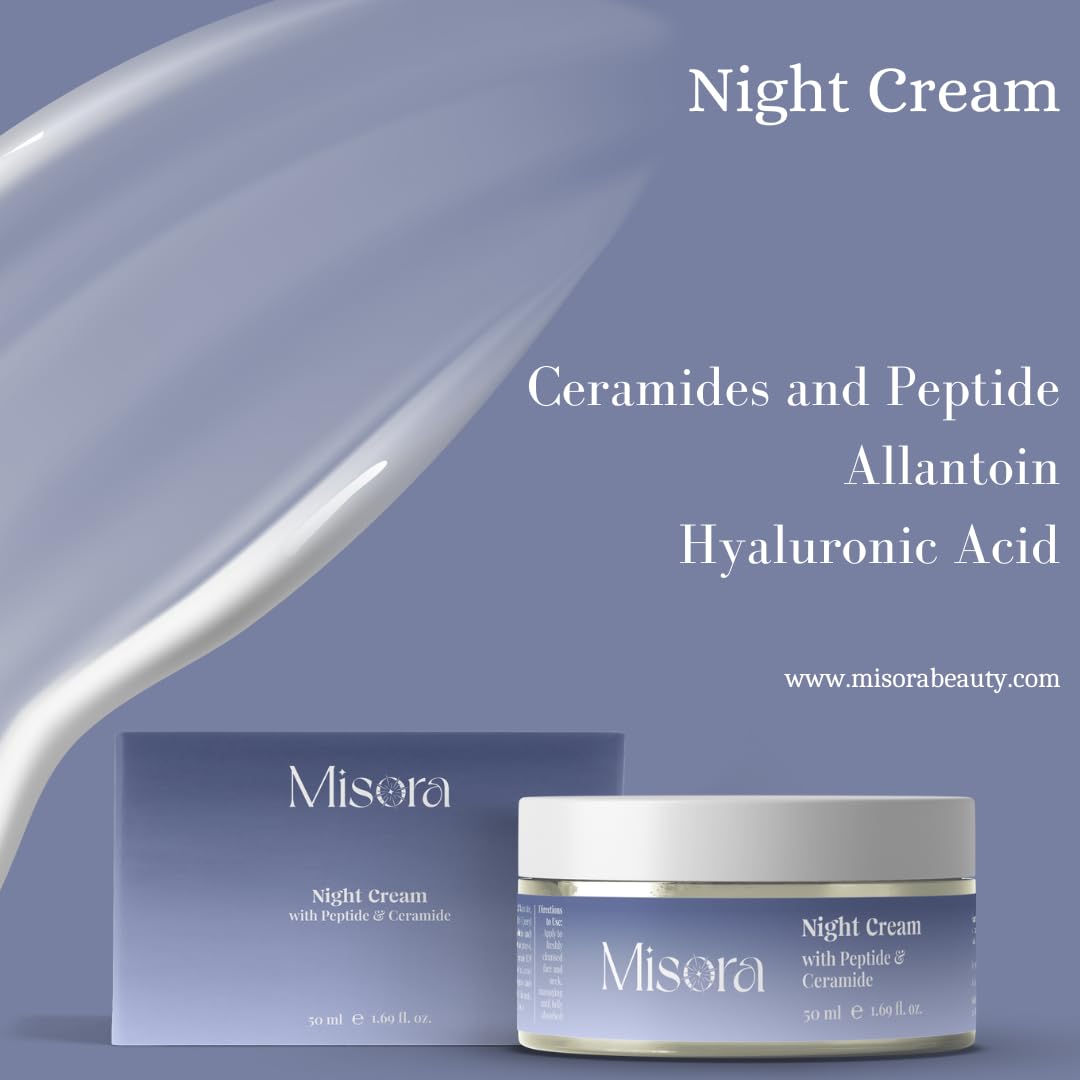 Misora Night Cream with Peptide & Ceramide | Renews and Resurfaces Skin Overnight | Reduce Fine Lines & Wrinkles and No Redness or Irration | Suitable for Dry to combination Skin | 50ml MISORA