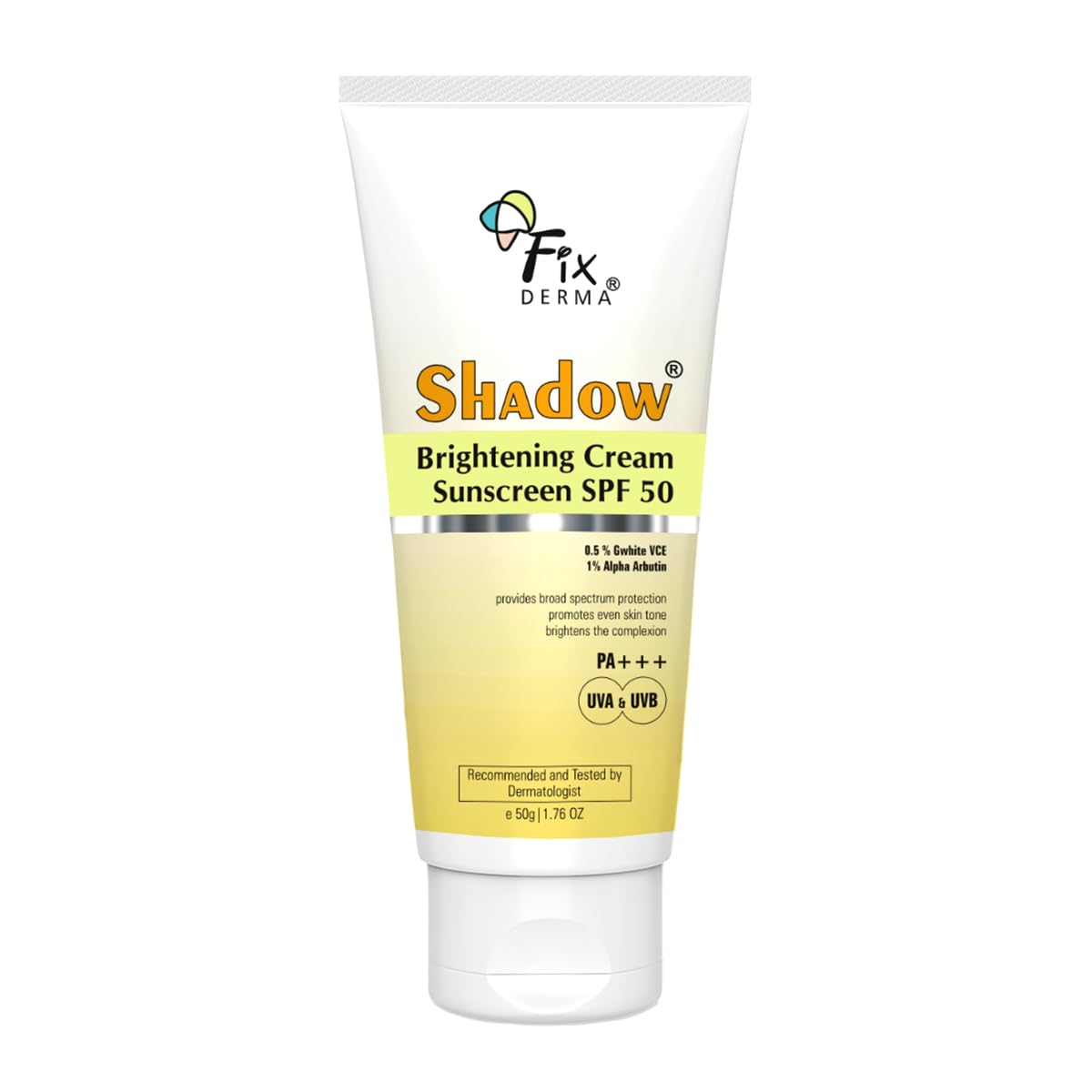 Fixderma Shadow Brightening Sunscreen SPF50 PA+++ with 1% Alpha Arbutin | UVA/UVB, Broad Spectrum Protection | Reduce Tan & Brightens the Complexion | Lightweight, No White Cast, All Skin Type - 50GM FIX DERMA