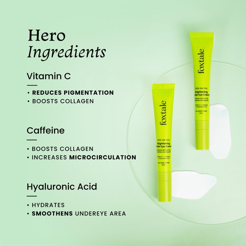 FoxTale Brightening Under Eye Cream|Vitamin C, Caffeine, And Hyaluronic Acid|Reduces Dark Circles And Puffy Eyes|Brightens Undereye With A Ceramic Tip|For All Skin Types|For Men And Women|20Ml FOXTALE