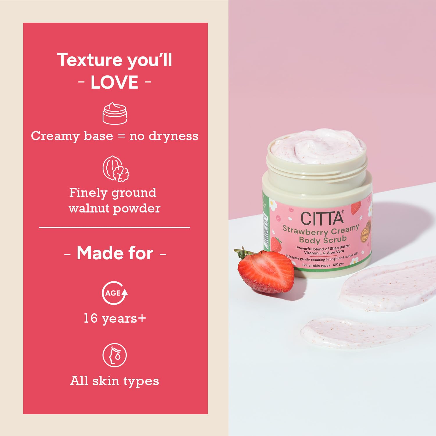 CITTA Strawberry Creamy Body Scrub 100g | Dual Exfoliating Body Polish with Walnut Shell & Natural AHAs | Removes Tan & Dead Skin, Brightens & Hydrates for Silky Smooth Skin | De-Tan Scrub for Neck, Knees, Elbows & Thighs | All Skin Types CITTA