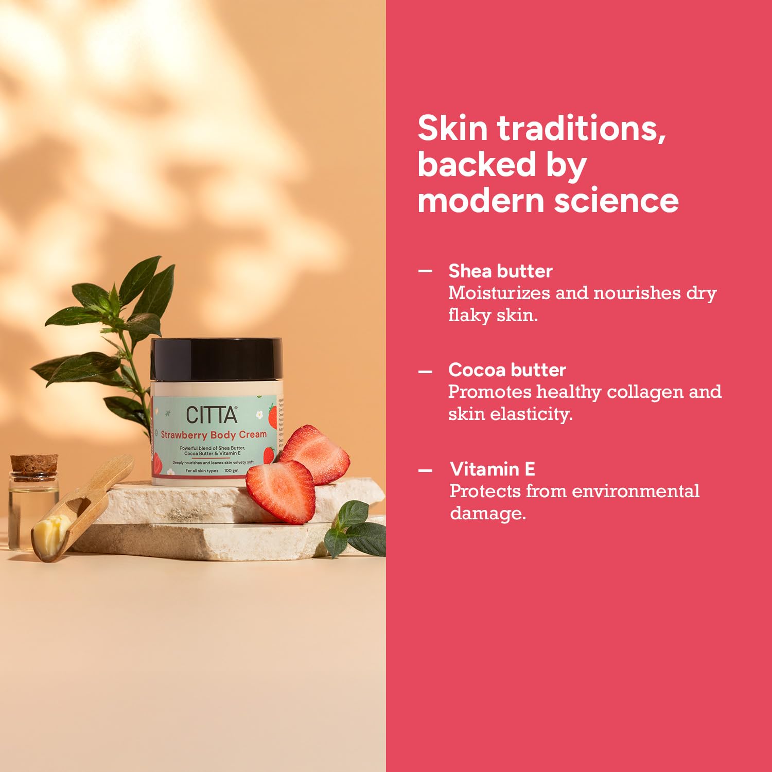 CITTA Strawberry Body Cream for Men & Women – with Shea Butter & Cocoa Butter – Hydrates, Softens & Restores Elasticity – Lightweight, Non-Greasy Formula with Vitamin E – Leaves Skin Smooth & Strawberry-Scented – 100g CITTA