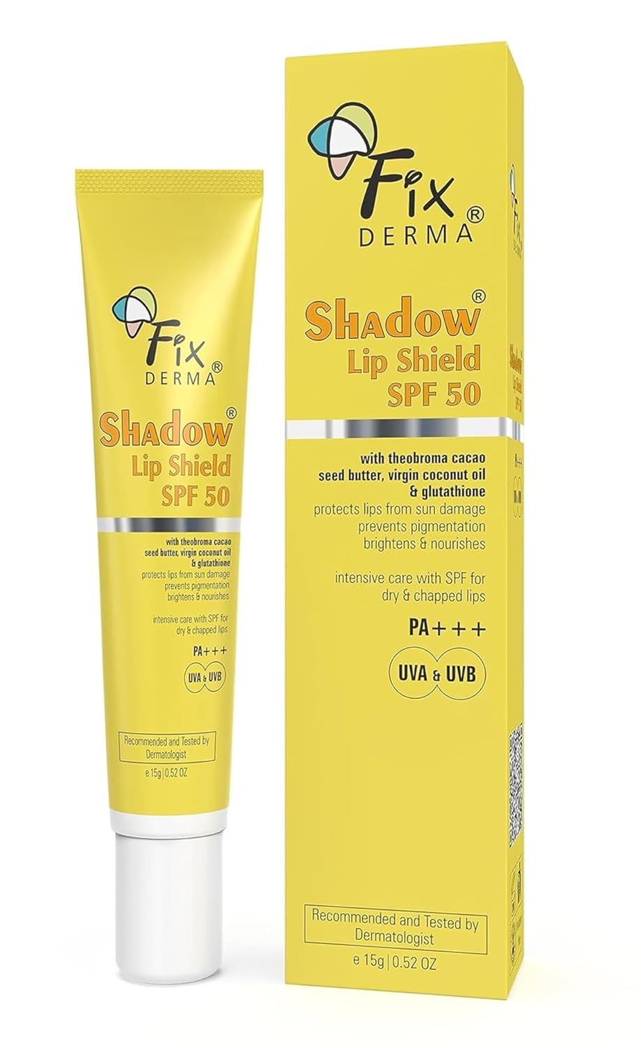 FIXDERMA Shadow Spf 50 Lip Shield Pa+++ Lip Balm Spf 50 With Theobroma Cacao Seed Butter,Virgin Coconut Oil & Glutathione Prevents Pigmentation & Sun Damage Sun Protector Uva & Uvb-15Gm,Yellow, All FIX DERMA