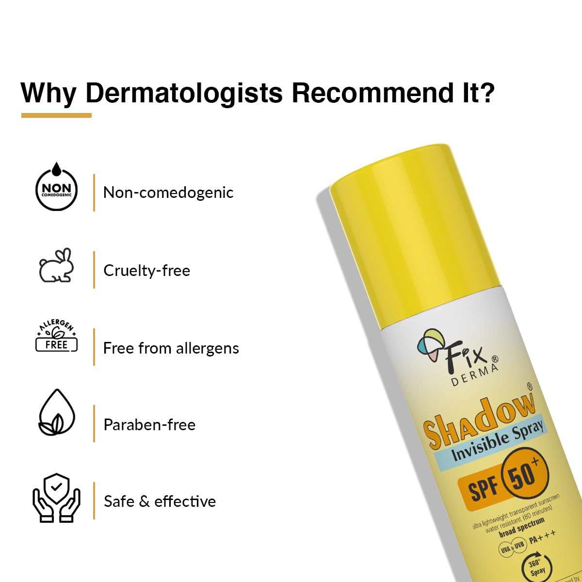 Fixderma Shadow SPF 50+ PA+++ Invisible Spray | Ultra Lightweight Transparent Sunscreen | Water Resistant Broad Spectrum UVA&UVB Sunscreen water resistant, spray for body, fluid sunscreen spray 50ml ( Pack of 1) FIX DERMA