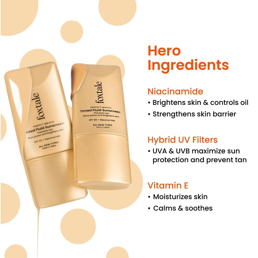 Foxtale SPF 50 Tinted Sunscreen PA++++ - Nude | Niacinamide & Vitamin E | UVA/UVB Protection + BB Cream + Foundation in 1 | Blurs Pores, Evens Tone, Non-Oily Glow | Suitable for All Skin Types | 50ml FOXTALE