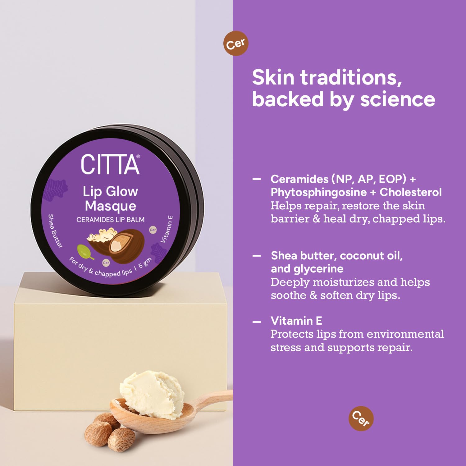 CITTA Lip Balm with Ceramides & Shea Butter | Lip Glow Masque that repairs & restores Dry, Chapped Lips | Adds Natural Shine | Lip Treatment for Men & Women | 5g CITTA