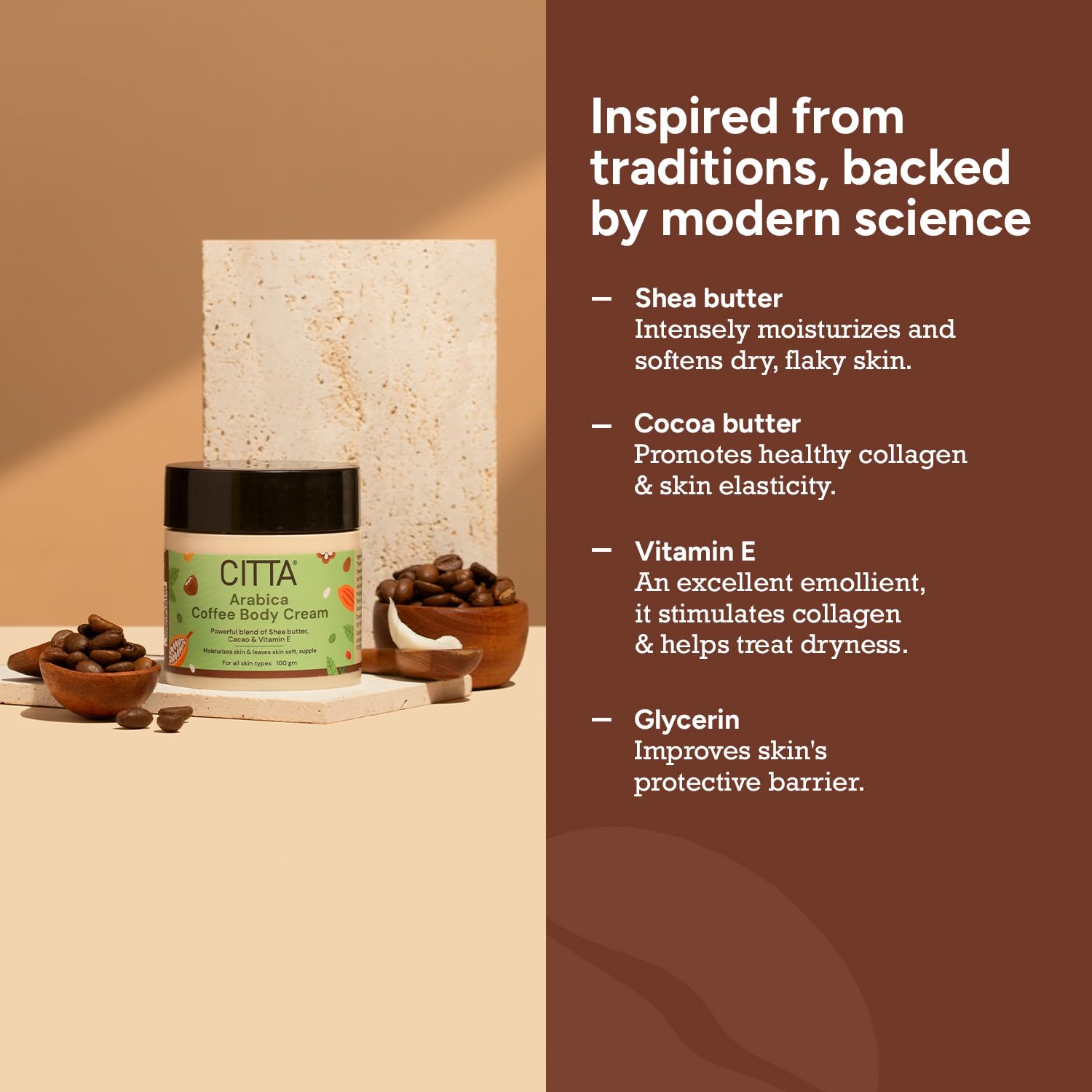 CITTA Arabica Coffee Body Cream– 100g | Deeply Nourishing Shea & Cocoa Butter with Vitamin E & Glycerin | Lightweight, Non-Sticky Moisturizer for Dry, Rough Skin | Warm Coffee Aroma | For Men & Women, All Skin Types CITTA