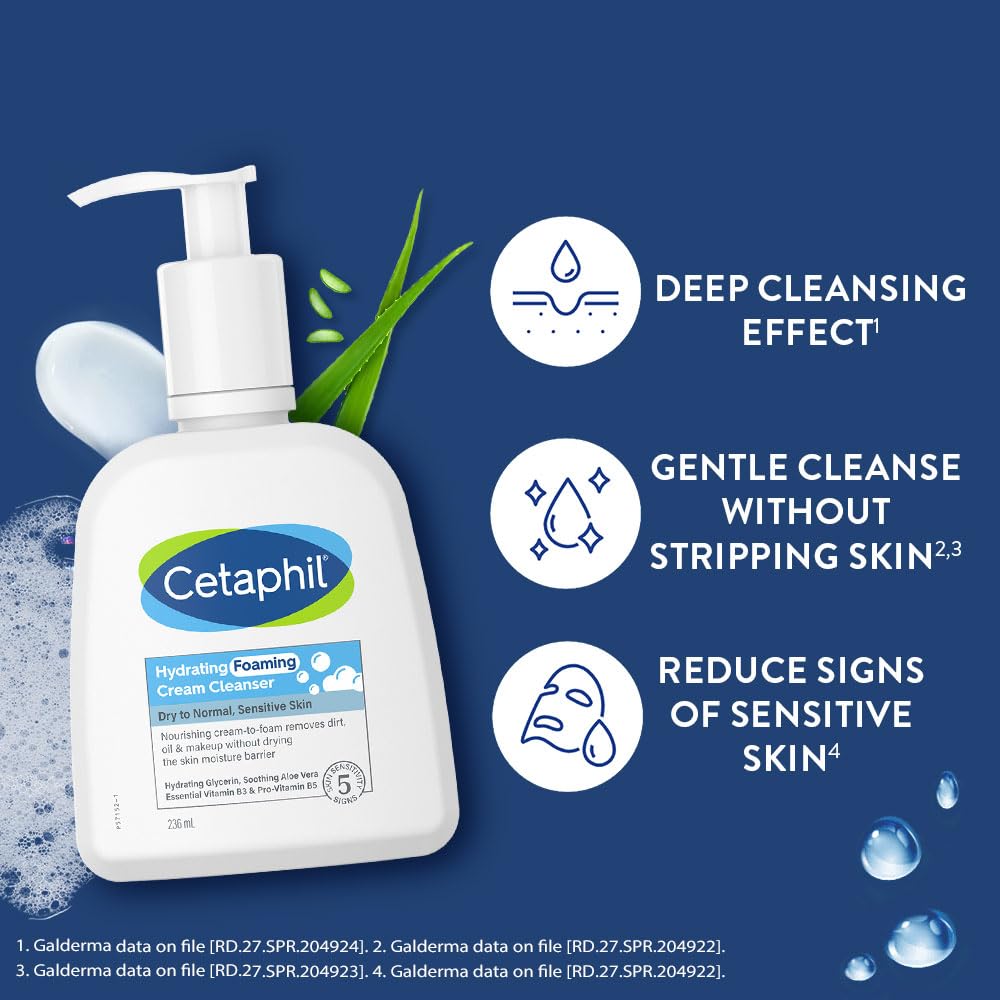 Cetaphil Hydrating foaming Face Wash , Cream to Foam Cleanser | Niacinamide, Pro-Vitamin B5 | Aloe for Gentle Cleansing | 236Ml Cetaphil