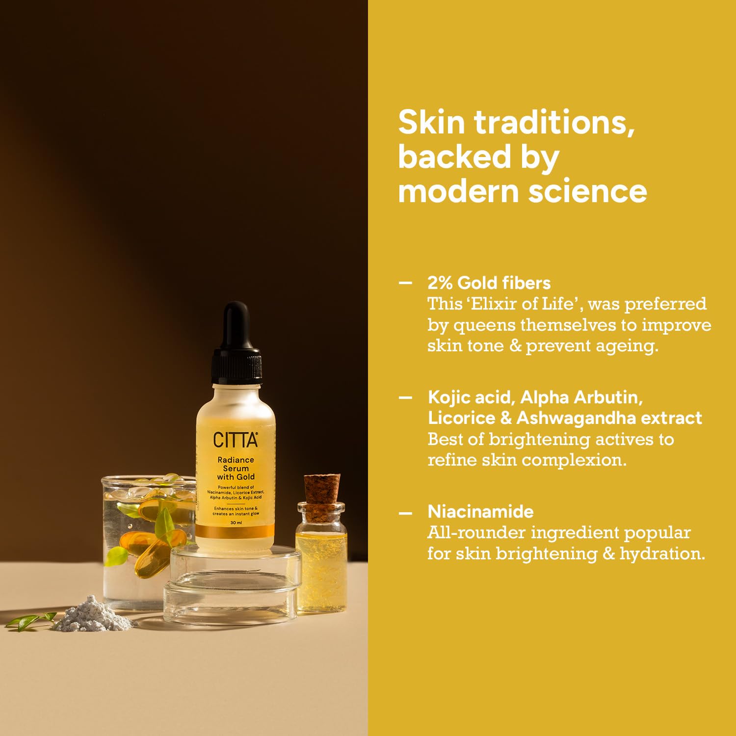 CITTA Gold Serum for Pigmentation – Brightening Serum with 2% Gold Fibers, Kojic Acid, Niacinamide & Alpha Arbutin – Deep Acne Scar & Hyperpigmentation Removal – Instant Glowing Skin – 30ml CITTA