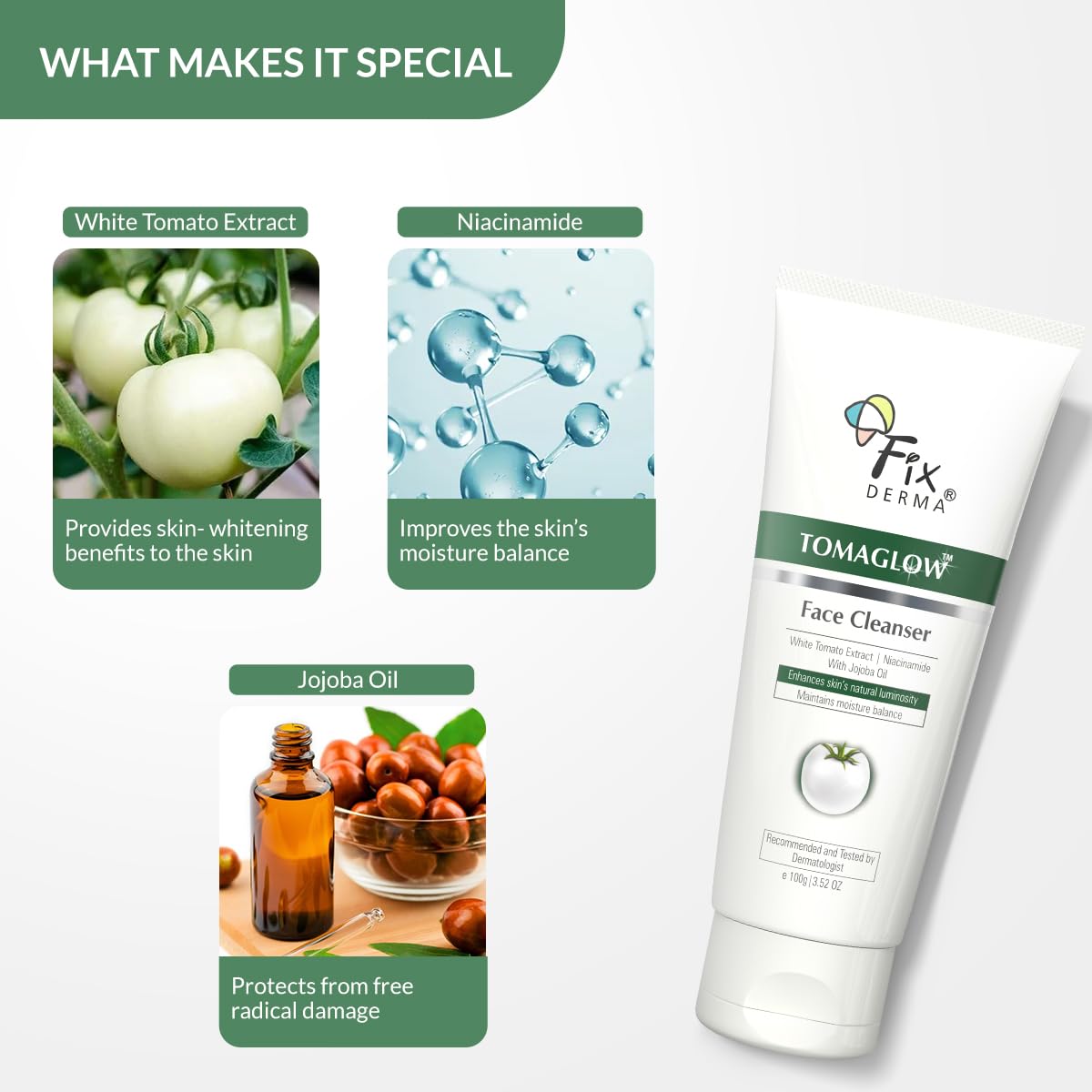 Fixderma Tomaglow Face Cleanser with White Tomato Extract, 2% Alpha Arbutin, 4% Niacinamide Tan Removal and Skin Brightening - 100 gm FIX DERMA