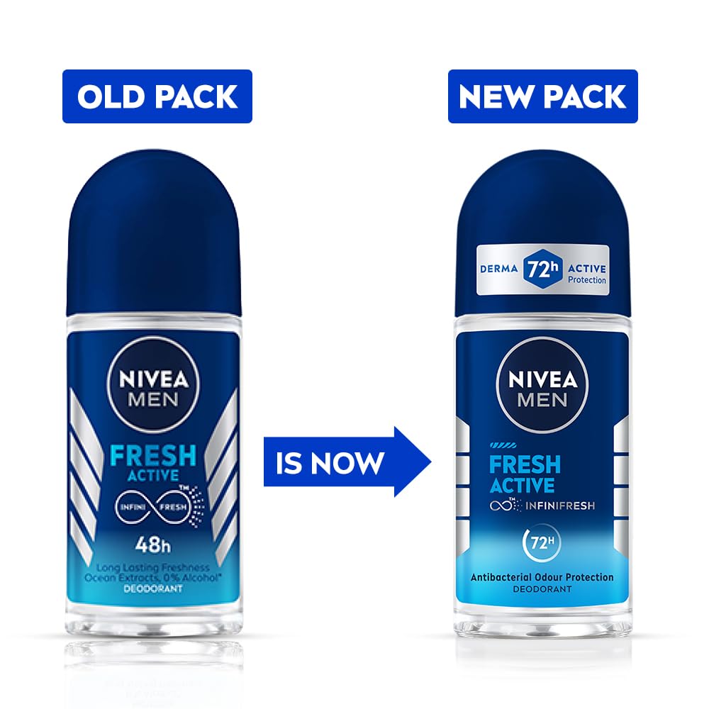NIVEA MEN Fresh Active 50ml Deo Roll On | With Fresh Ocean Extracts| 72 H Freshness| 0% Alcohol | Dermatologically Approved & Paraben Free Formula NIVEA