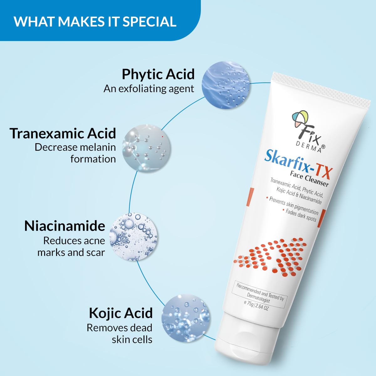 Fixderma Skarfix -TX Face Cleanser with Tranexamic Acid, Kojic Acid & Niacinamide | Kojic Acid Face Wash | Pigmentation Face Wash for All Skin Types - 75gm FIX DERMA