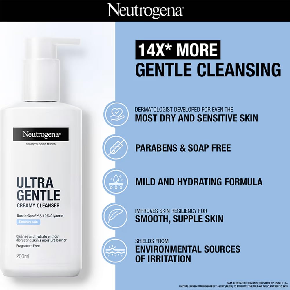 Neutrogena Ultra Gentle Creamy Cleanser | 14X Gentler Cleanser | All Skin Types Including Sensitive Skin | Face Wash for Sensitive Skin for Men & Women | With Barriercare Technology & 10% Glycerin | Paraben-Free Neutrogena
