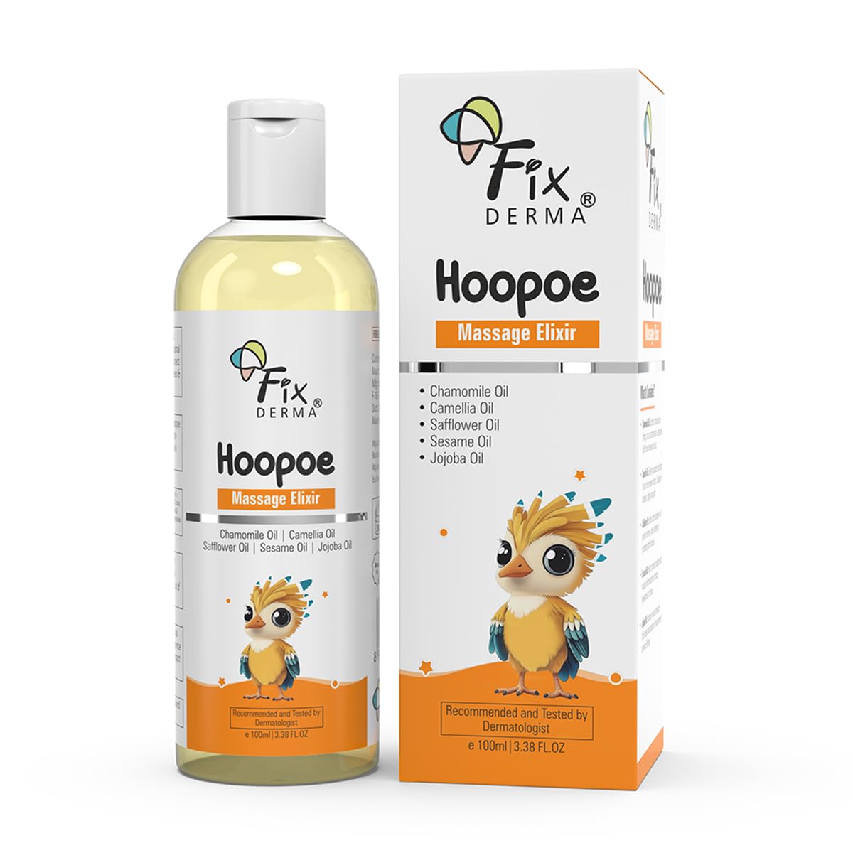 Fixderma Hoopoe Baby Massage Elixir|Baby Oil with Chamomile, Camellia, Safflower, Seasome & Jojoba Oil |Baby Massager Oil | Dermatologist Tested (100 Ml) FIX DERMA