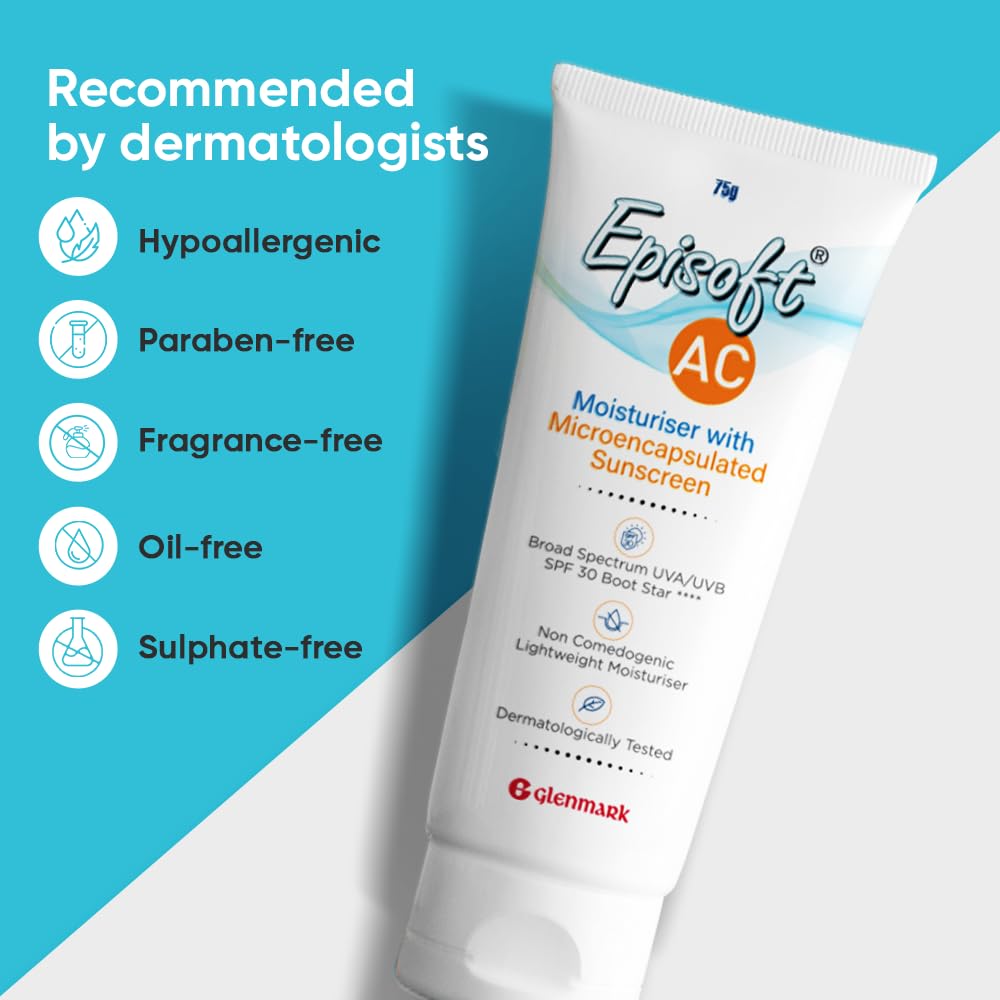 Episoft Ac Lightweight Moisturizer With Microencapsulated Sunscreen | Acne Safe | All Skin Types | Paraben & Fragrance Free | Suitable For Men & Women | 75Gm, 30 SPF Episoft